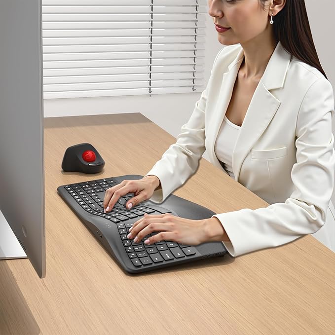 Micropack Wireless Ergonomic Split Keyboard with Cushioned Wrist Rest, Bluetooth & 2.4G Multi-Device Keyboard, USB-C Rechargeable, Quiet Scissor Switch for Mac, Windows & Office