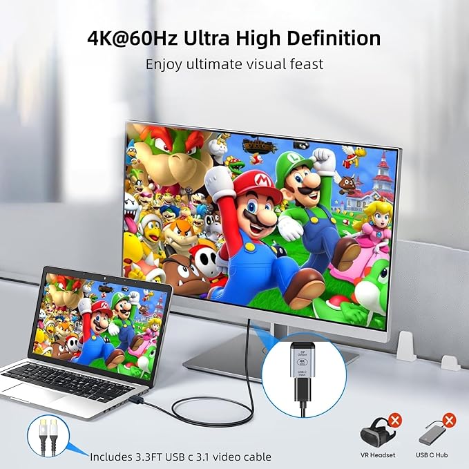 USB C to DisplayPort Adapter with USB Video Cable, 4K@60Hz Uni-Directional USB C Female to DP Male Adapter, Thunderbolt 4/3 to DP Converter Compatible with i-/Phone 17, Galaxy, MacBok Pro- 2 Pack