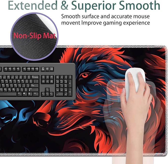 Large Gaming Mouse Pad + Keyboard Wrist Rest + Wrist Support + Coaster Set, Memory Foam Ergonomic for Easy Typing, XXL Extended Gaming Mouse Pad Table Pad - Flame Double Wolf