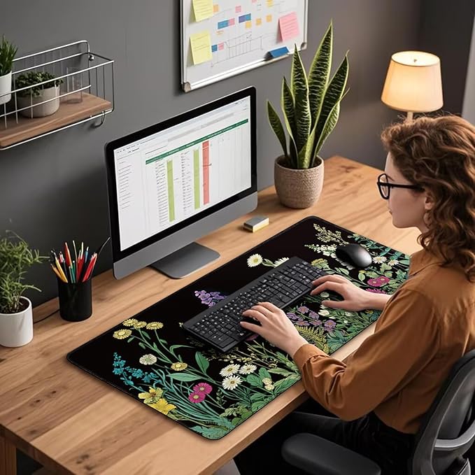 Wildflower Black Large Gaming Mouse Pad 31.5"x15.7"｜ XXL Desk Mat, Non-Slip Rubber Base & Stitched Edges - Extended Waterproof Mousepad for PC/Laptop/Office/Home Decor
