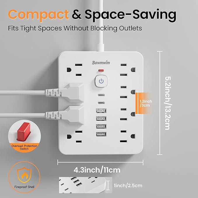 Surge Protector Power Strip - 8 Outlets(1250W/10A) 4 USB A（2 USB C, 10FT Flat Plug Extension Cord, Wall Mount Multi Plug Outlet Extender, ETL Listed for Home, Dorm Room