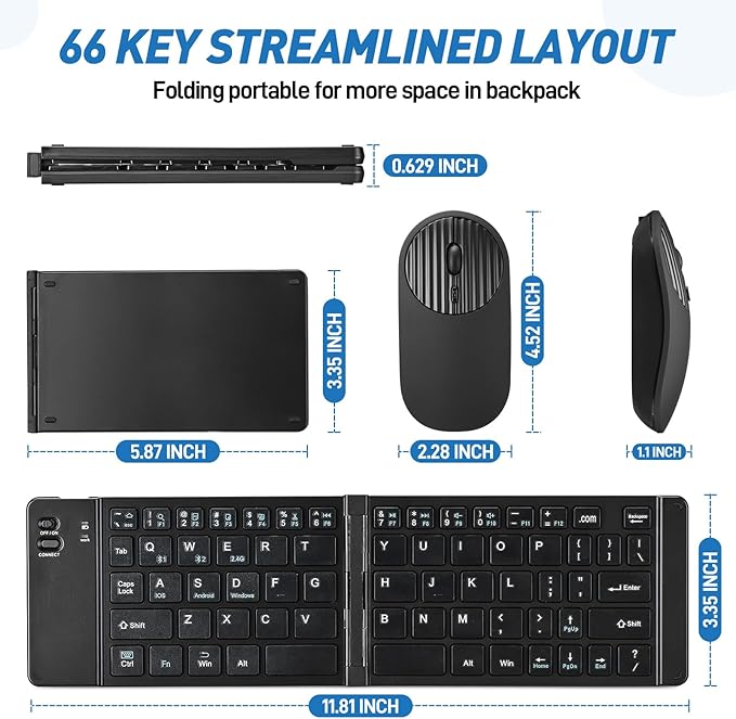 Mini Rechargeable Foldable Bluetooth Keyboard and Mouse Combo, Portable (Sync Up to 3 Devices), Ultra-Slim Travel Folding Keyboard for iPhone iPad Mac Android Windows iOS（Black）