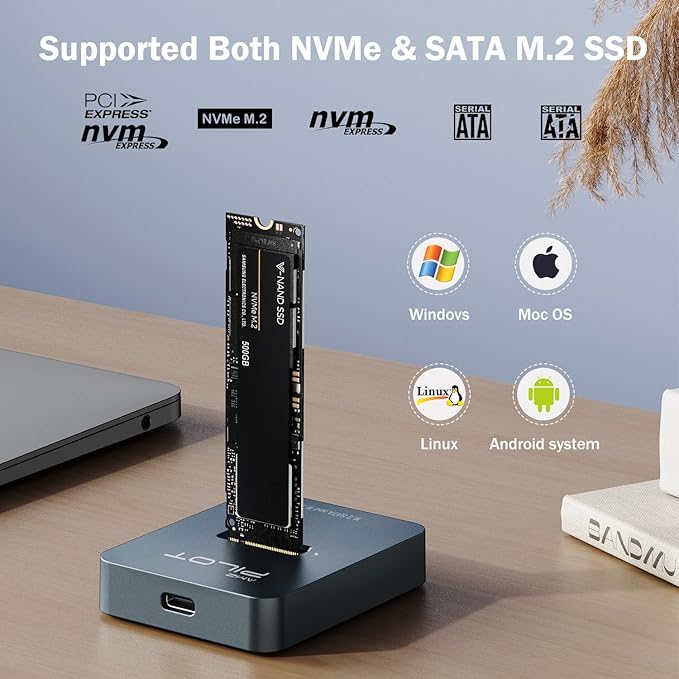 M.2 NVMe & SATA to USB C Docking Station, M.2 SSD to USB A C Reader Adapter for Both M.2 (M Key, B+M Key) NVMe and SATA NGFF SSD Dock, Size for 2280 2260 2242 2230 Enclosure - Aluminum Alloy