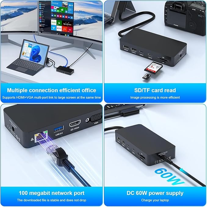 New for 11 in 1 Surface Pro Docking Station (HDMI+VGA) for Microsoft Surface Pro 12/11/10/9/8/X/7/6, Surface Laptop, Surface Go (HDMI VGA Ethernet SD/TF Audio 5*USB) – 2 Years Warranty