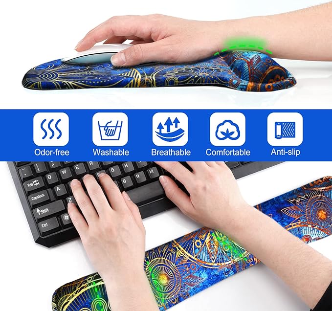 ToLuLu Keyboard Wrist Rest Mouse Pad Support, Gel Ergonomic Mouse Pads for Computer Laptop PC, Comfortable Durable Mousepad Keyboard Wrist Rests for Easy Typing Pain Relief, Blue Mandala