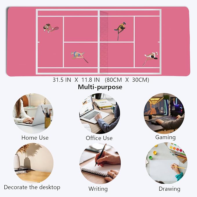 Girly Pink Preppy Desk Mat,Coquette Pink Tennis Court Mouse Pad,Tennis Sport Art Mouse Pad,Gift for Tennis Players,XL Large Laptop Desk Mat for Girls Dorm Home Office,31.5x11.8 Inch