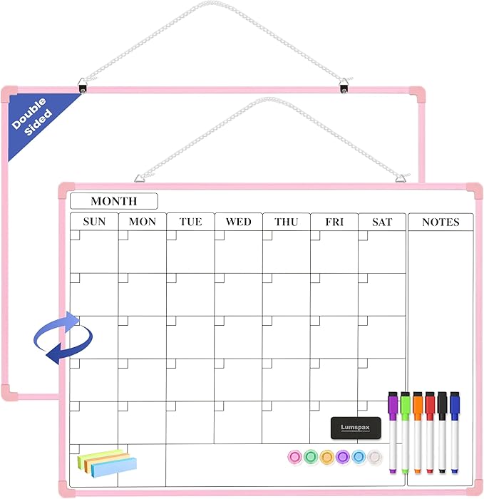 Monthly Whiteboard Calendar for Wall, 24" x 18" Dry Erase Board with Plastic Frame, Hanging Dry Erase Calendar with 3 Mini Sticky Notes for Kitchen Planner, Memo, Home and Office, Pink
