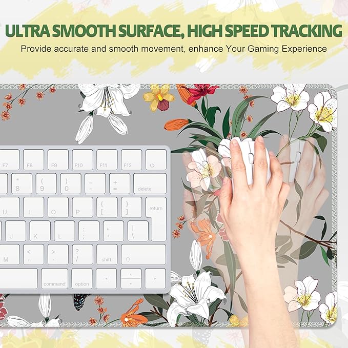 Desk Pad for Keyboard and Mouse, Large Mouse Pad for Desk, Non-Slip Keyboard Mat, Computer Mats for Desk, Desk Pad with Stitched Edges for Office, Gaming I Gray Wild Grass Flowers