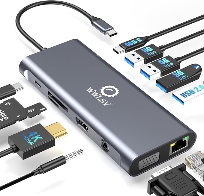 Laptop Docking Station, 12-in-1 USB C Hub – HDMI 4K@60Hz (Single Display), Dual Display HDMI + VGA (1080p, Shared Bandwidth), 100W PD, Ethernet, USB 3.0, SD/TF, Audio, for MacBook, Dell, HP, Lenovo