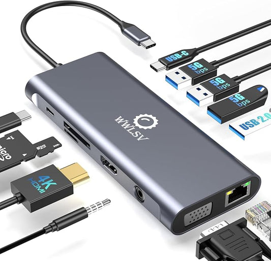 Laptop Docking Station, 12-in-1 USB C Hub – HDMI 4K@60Hz (Single Display), Dual Display HDMI + VGA (1080p, Shared Bandwidth), 100W PD, Ethernet, USB 3.0, SD/TF, Audio, for MacBook, Dell, HP, Lenovo