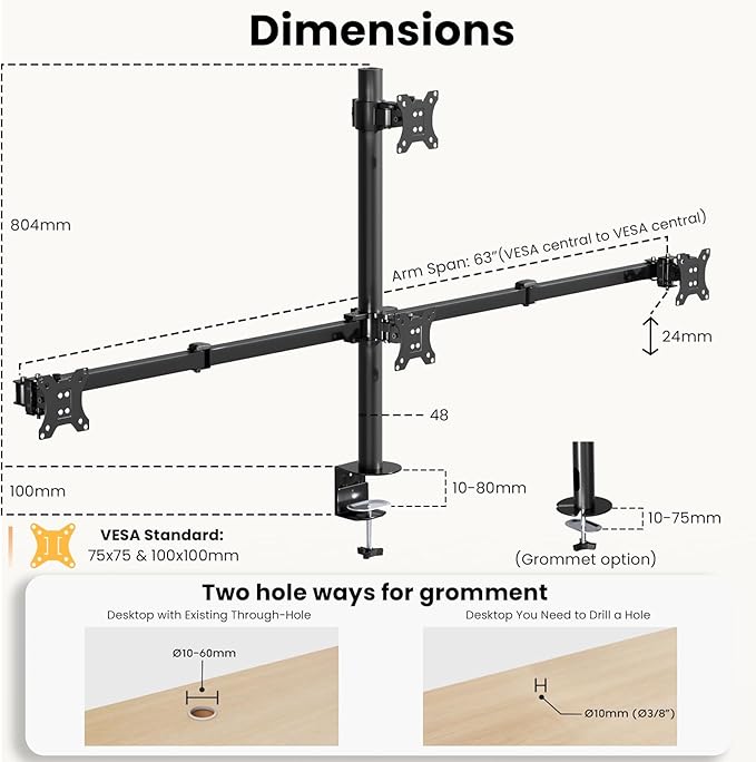 Quad Monitor Mount for 17-32 Inches - Fully Adjustable Heavy Duty 4 Monitor Arm Desk Mount, Max Load 22lbs per Screen, Clamp/Grommet, VESA 75/100 mm, Black