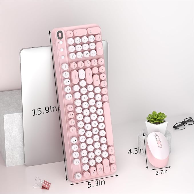 Wireless Keyboard and Mouse Combo, Full-Size Retro Typewriter Keyboard Style, 2.4GHz USB Receiver, Plug-and-Play, Keyboard Mouse Set for Computer, Laptop, Windows, Mac, and PC (Pink)