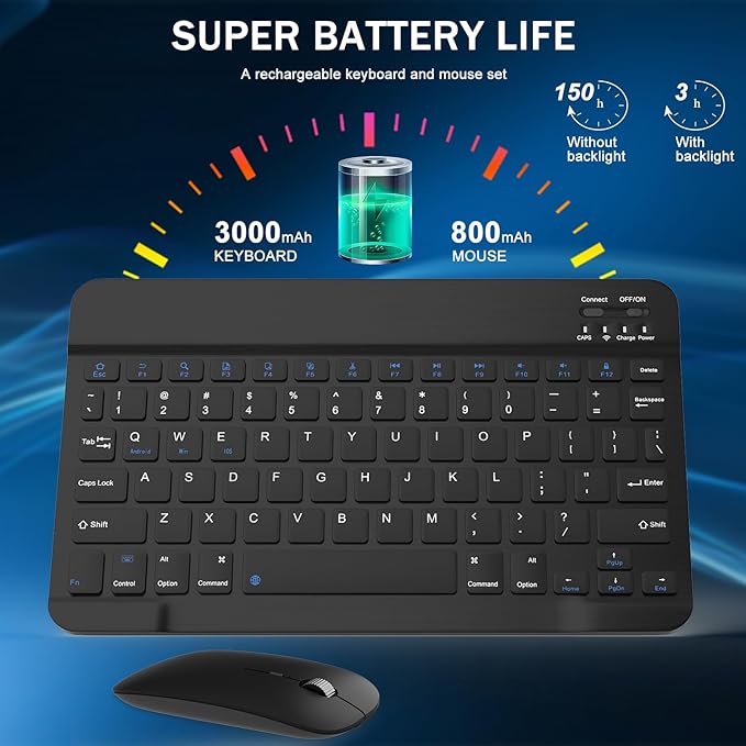 Rechargeable Bluetooth Keyboard and Mouse Combo, Universal Ultra-Slim Wireless Keyboard Mouse Set for Android Windows iPad iPhone Samsung Tablet Portable Compact Keyboard Set (Black)