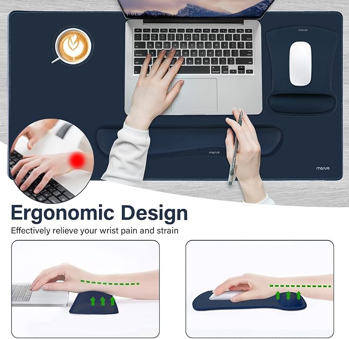 MOSISO Keyboard Mouse Pad Set, Large Gaming Mousepad&Keyboard Wrist Rest&Mouse Wrist Rest&Coaster, Ergonomic Non-Slip Mousepad&Easy Typing Cushion with Memory Foam for Home Office, Haze Blue