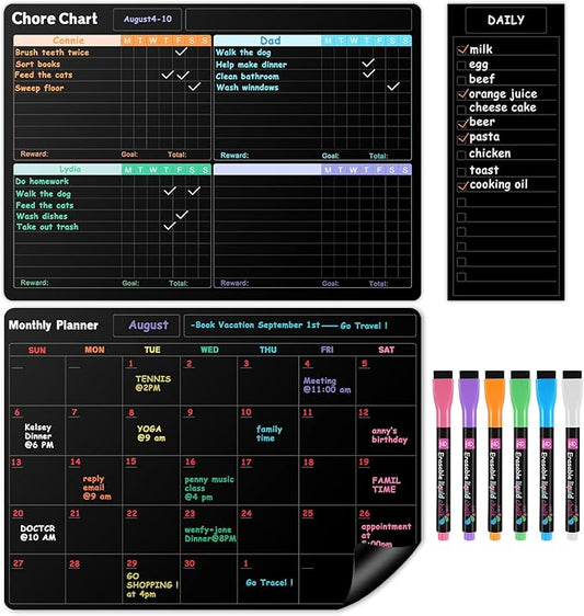 Fridge Black Whiteboard Calendar Set(3-Pack), 1 Pcs Magnetic Chore Chart and 1 Pcs Refrigerator Planner Calendar,1 Pcs List and 6 Markers,Reward Chore Chart for Kids Multiple Kids Teens Adults Family