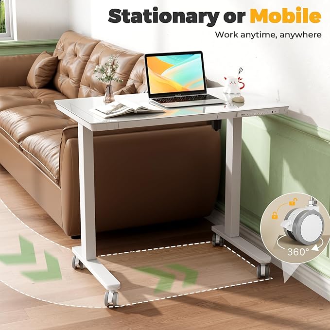 Glass Small Standing Desk with Drawer, 35" x 20" Whole Piece Electric Sit Stand Table, Height Adjustable Desk with Storage & USB Ports, Quick Install Home Office Computer Desk, White