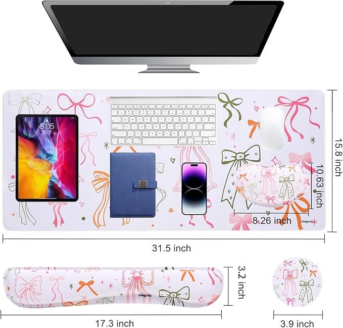 MEGREZ 4-in-1 Ergonomic Memory Foam Wrist Rest Set, Desk Pad, Mouse Pad with Wrist Rest, Keyboard Pad, Suitable for Office Workers, Programmers & Gamers–Relieve Typing & Gaming Fatigue, Bow