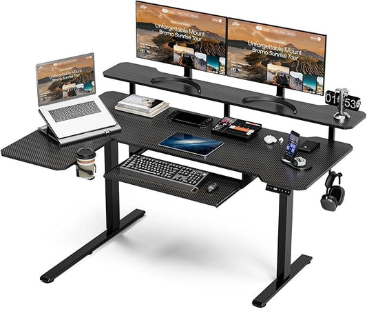 59 Inch L Shaped Standing Desk with Shelves and Keyboard, Electric Corner Standing Desk Adjustable Height, Sit Stand Computer Table with Reversiable Splice Board,Black Carbon Top