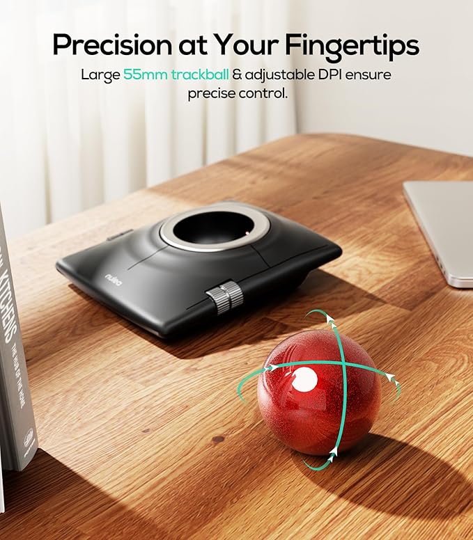 Nulea M512 Wireless Trackball Mouse, Ergonomic 55mm Trackball, 4 Level Adjustable DPI for Precise Control, Left or Right Hand Compatible, Rechargeable, Multi-Device Bluetooth & 2.4GHz for PC, Laptop