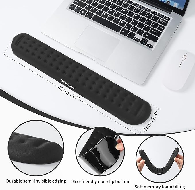 Univo Colors Black Superfine Memory Foam Keyboard Wrist Rest Soft Gel Ergonomic Wrist Support Pad for Computer, Laptop, Office, Gaming, Typing