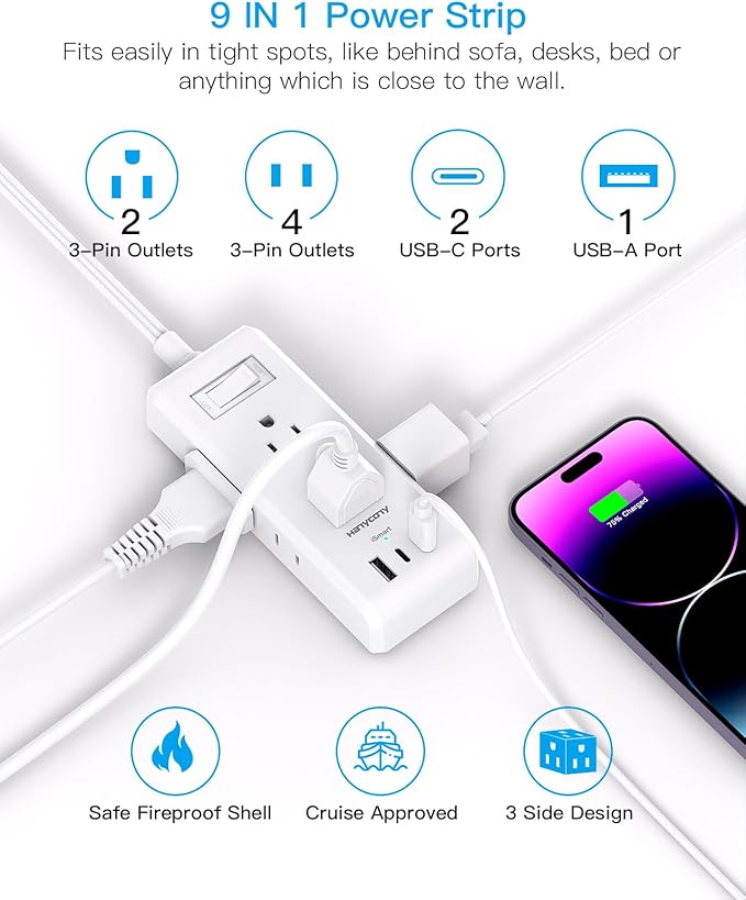 Extension Cord 15 Ft, HANYCONY Flat Plug Long Cord Power Strip, Ultra Thin Extension Cord, 6 Outlets 3 USB Ports(2 USB C), Outlet Extender with Wall Mount for Home Office Desk Accessories