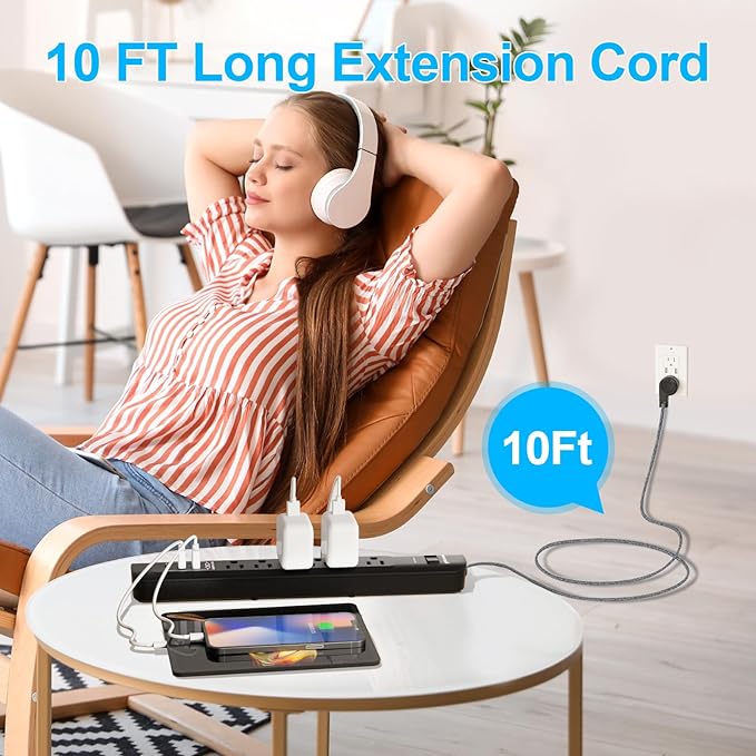 2 Pack Power Strip Surge Protector - 10 Ft Extension Cord with 6 Outlets with 3USB Ports（1 USB C） Port，1875W/15A, Flat Plug, Wall Mount Desk Charging Station for Home Office