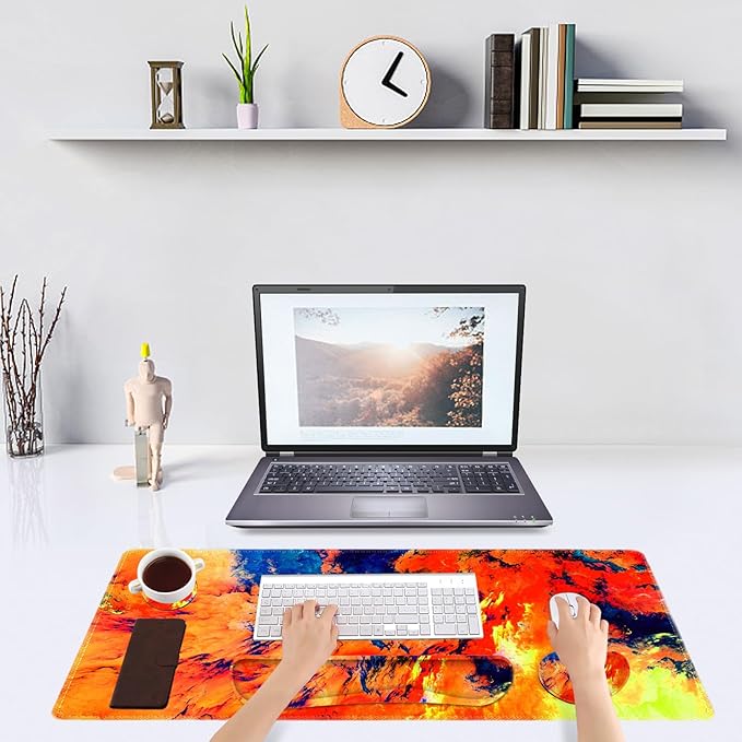 DINKY Keyboard Mouse Pad Set, Large Gaming Mousepad + Memory Foam Ergonomic Keyboard Wrist Rest Support, Easy Typing Pain Relief, 4Pcs (35.4" x 15.7") Extended Desk Mat-Art Painting