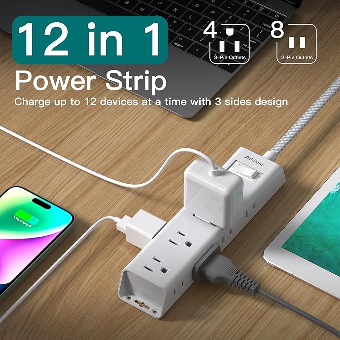 10FT Extension Cord - Power Strip Surge Protector, Flat Plug, Addtam 12 Widely Outlets 3 Sides Outlet Extender, 1080J, Wall Mount, Desk Charging Station Compact for Home Office Dorm Room Essentials
