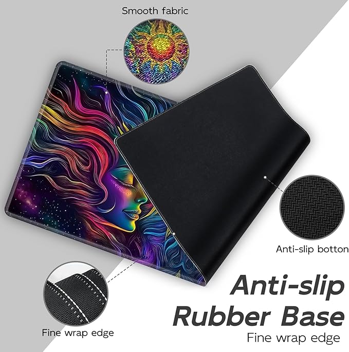 Gaming Mouse Pad Set, Colorful Sun Woman Large Desk Mat Mousepad, Keyboard Wrist Support, Mouse Wrist Rest, Coaster 4in1 Ergonomic Memory Foam, Non-Slip Stitched Edge for Home Office