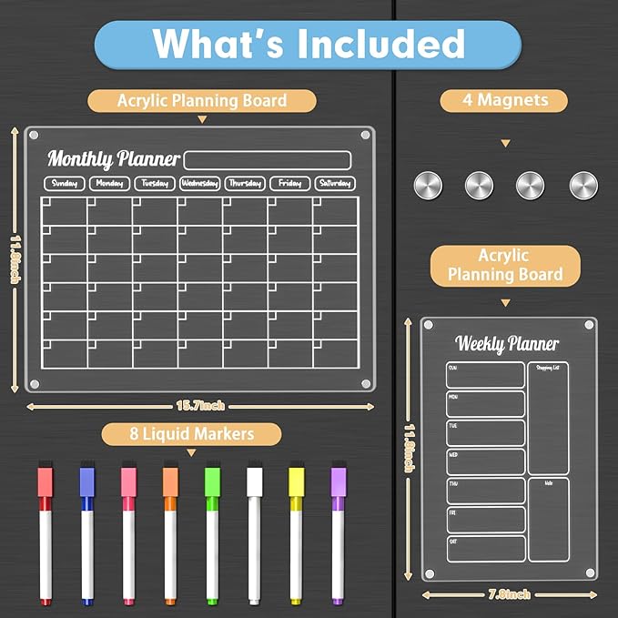 Grtard 3 Pack Acrylic Calendar for Fridge, Magnetic Calendar for Refrigerator, 16"x12" Dry Erase Whiteboard Fridge Calendar,2026 Clear Monthly Weekly Daily Memo Planning Board with 8 Markers