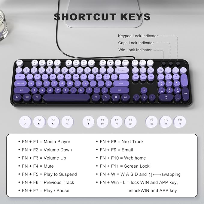 KNOWSQT Wired Computer Keyboard - Blackpurple Colorful Retro Full Size Round Keycaps Plug and Play Typewriter Cute Keyboards for Windows, Laptop, PC, Desktop, Computer