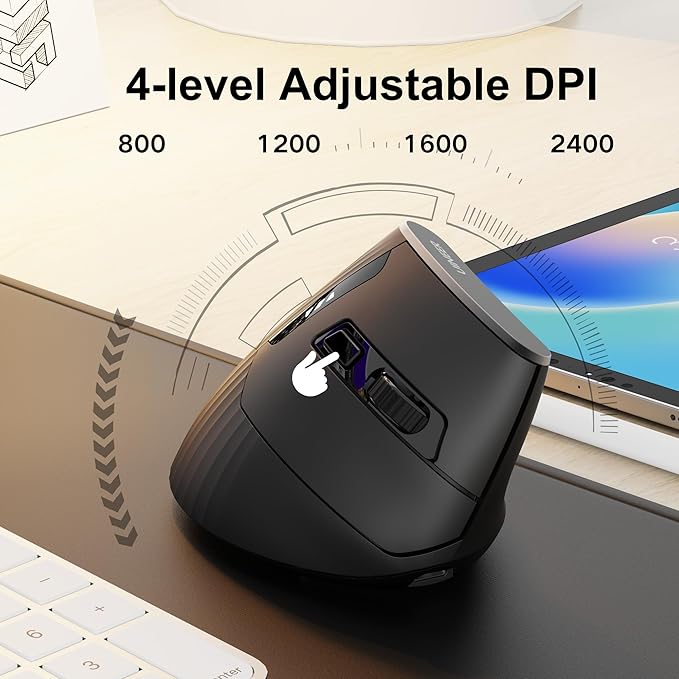 Uineer Vertical Mouse Wireless,Bluetooth Mouse with BT5.0/4.0/2.4G, Rechargeable with Battery Indicator,Ergonomic Design for Comfort and Reduced Wrist Strain, Ideal for Home,Office Use,Matte Black