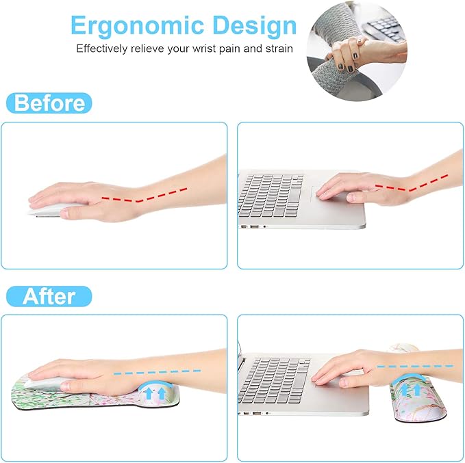 Ergonomic Mouse Pad with Wrist Rest Support and Keyboard Wrist Rest Pad, iDonzon Cute Wrist Pad with Non-Slip Rubber Base and Raised Memory Foam, Easy Typing & Pain Relief, Four Seasons Tree