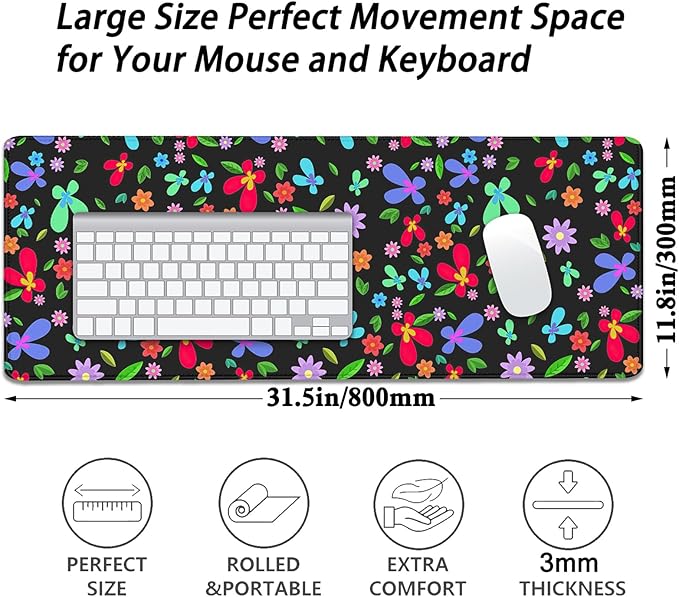 Colorful Flowers Desk Pad Mouse Pad,Large XL Green Leaves Floral Mouse Mat with Stitched Edges,Non-Slip Rubber Base Mousepad for Office PC Keyboard Laptop and Home Work Desk Mat(31.5X11.8 in)