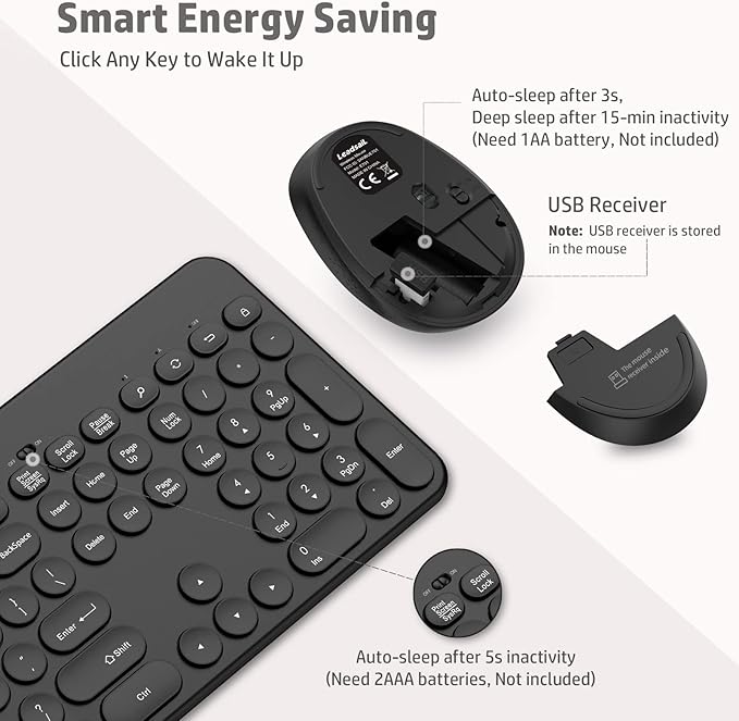 LeadsaiL Wireless Keyboard and Mouse, Full-Sized Ergonomic Computer Keyboard with Phone Tablet Holder, 2.4GHz Silent Cordless Keyboard Mouse Set for Windows Laptop, PC, Desktop - Black