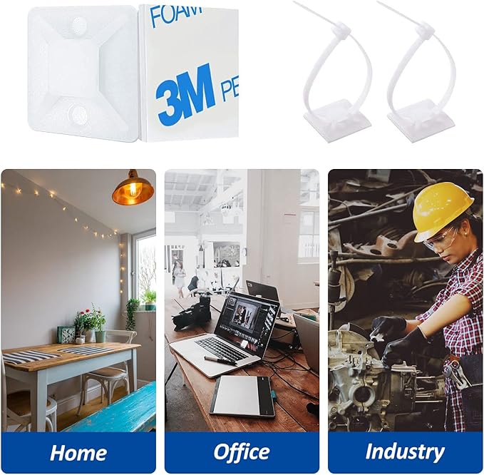 100 Set Cable Zip Tie Self Adhesive Mounts Kit with 6" Zip Ties, 3/4" Wire Holders Squares, Screws - Sticky Wire Fasteners Cable Clips Management Anchors Organizer - White