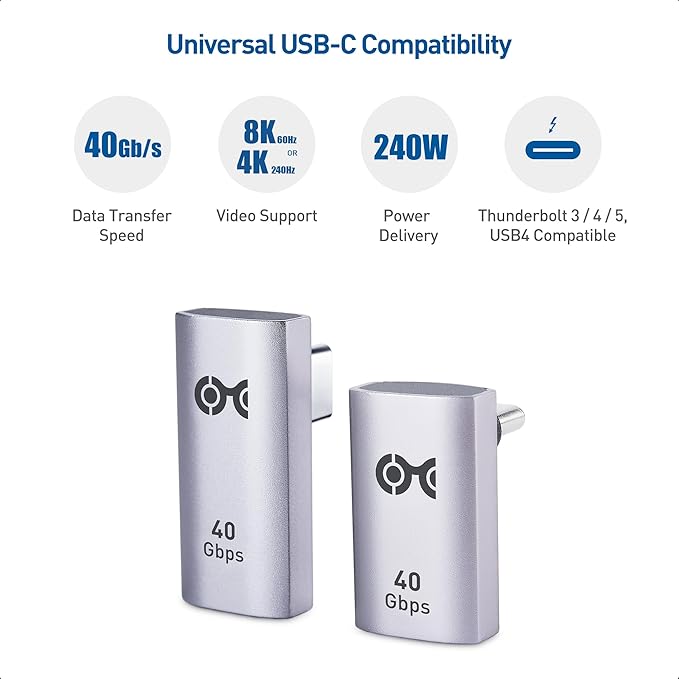 Cable Matters Combo-Pack 40Gbps Vertical Right Angle USB-C Adapter Kit, Up to [4K@240Hz Video, 240W Charging, 40Gbps] 90 Degree USB C Adapter, Compatible with Thunderbolt 4, iPhone 16, Steam Deck