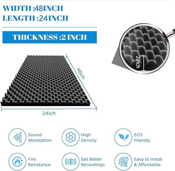 1 Pack Sound Proof Foam Panels |48"×24"×2" Quick-Recovery Soundproof Wall Panels | High Density Sound Dampening Panels for Home Studio,(Black)
