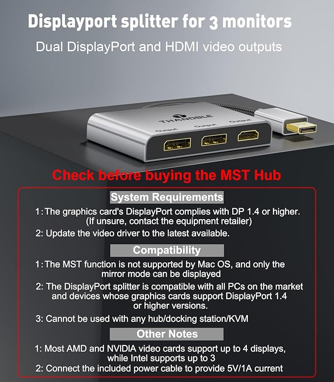 DisplayPort to Dual DisplayPort with HDMI Adapter 4K@60Hz, Extended Display 1 in 3 Out MST Hub for Multiple Monitors Compatible with PC,NVIDIA/AMD Graphics Card
