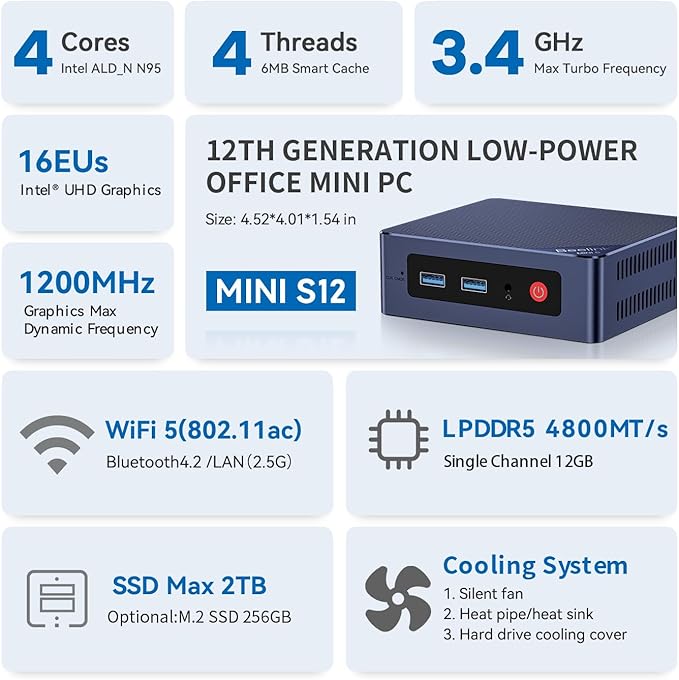 Beelink Mini PC, Mini S12 Intel 12th Gen 4-Core N95(up to 3.4GHz), Mini Computer 12GB LPDDR5 RAM 500GB SSD, Desktop PC Dual HDMI 4K UHD/2.5G/Dual WiFi5/BT4.2/HTPC/W11 Home