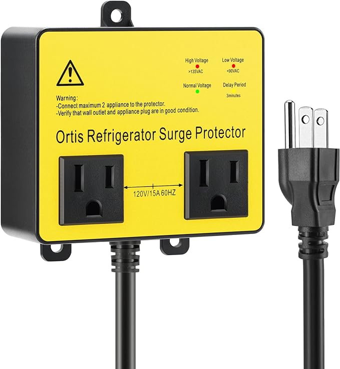 Refrigerator Surge Protector, Ortis Double Outlet Voltage Protector for Home Appliances with Time Delay, Protects Against Brownout, Spike, Instant Surge All Voltage Abnormalities, Yellow
