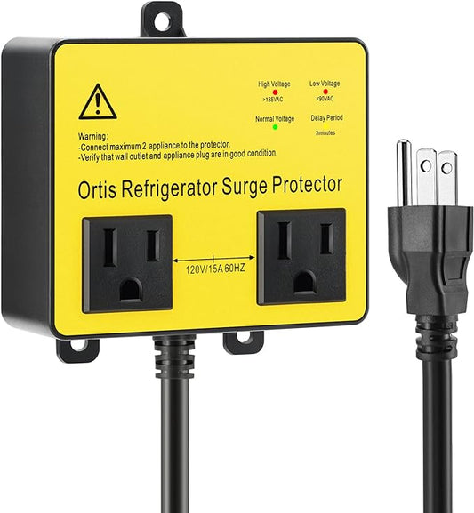 Refrigerator Surge Protector, Ortis Double Outlet Voltage Protector for Home Appliances with Time Delay, Protects Against Brownout, Spike, Instant Surge All Voltage Abnormalities, Yellow