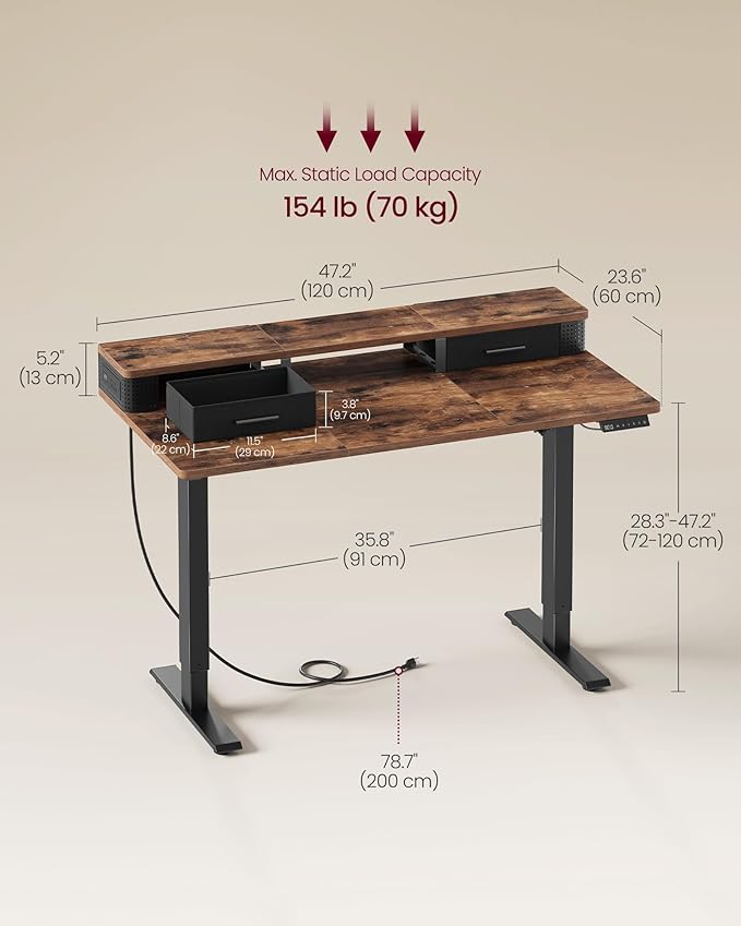 VASAGLE Electric Standing Desk with Drawers, Sit Stand Desk with Built-in Power Strip, Adjustable Height, 47.2 x 23.6 Inches, 2 Hooks, Memory Function, for Home Office, Rustic Brown ULSD182KD01