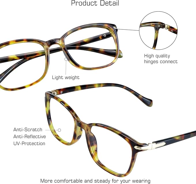 VisionGlobal Blue Light Blocking Glasses for Women Men, Stylish Square Frame(Brown Tortoise,No Magnification)