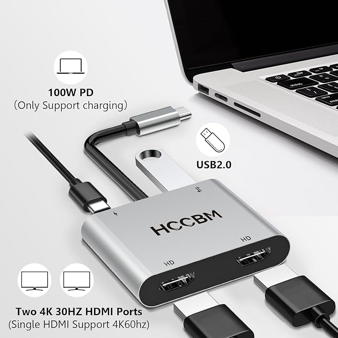 USB C to Dual HDMI Adapter, Dual Monitors Adapter USB C Hub with 2 HDMI, USB-A, 100W PD Docking Station 4K @60hz for MacBook HP Dell Surface Thinkpad…