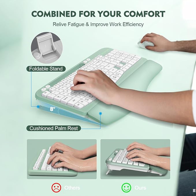 Wireless Keyboard and Mouse Combo, Wave Keys Full-Sized Ergonomic Keyboard with Cushioned Plam Rest, Phone Holder, Comfortable Natural Typing, 2.4G Cordless Set for Computer, Laptop, Pc, Mac, Windows