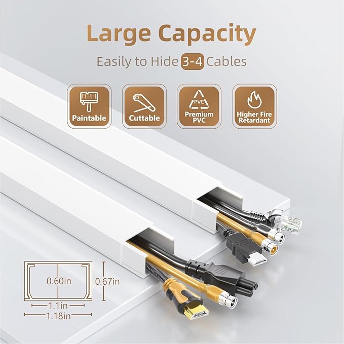 Delamu Cord Hider Wall, 85in Cord Covers for 3-4 Wires on Wall, Cable Hider Wire Hiders Wire Covers for TV Cords on Wall, Easy Mount Cable Cover Management Kit to Hide TV Wires, W1.18 H0.67in, White