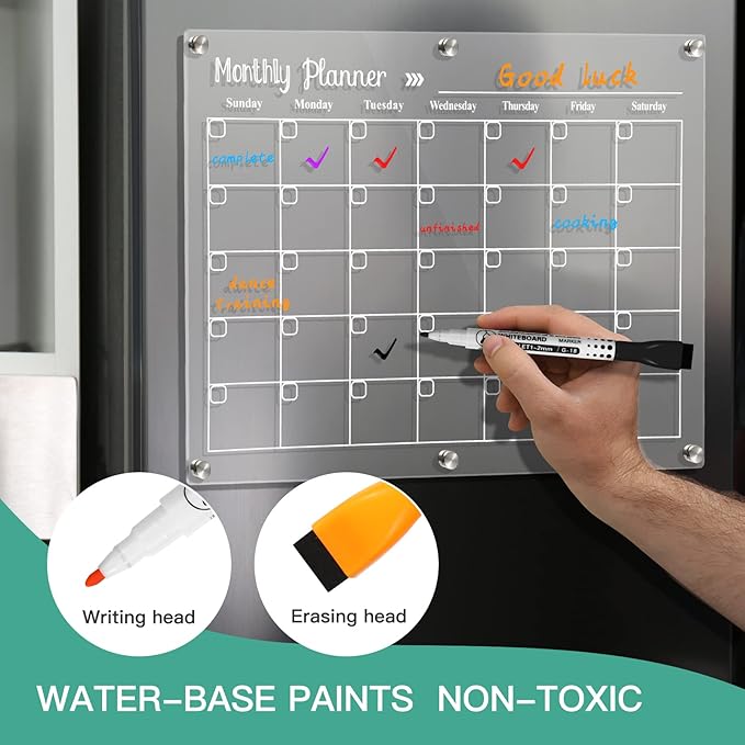 Acrylic Magnetic Dry Erase Board for Fridge, Set of 3 Transparent Monthly & Weekly Planning Boards, Includes 6 Dry Erase Markers, 1 Eraser and Magnetic Pen Holder