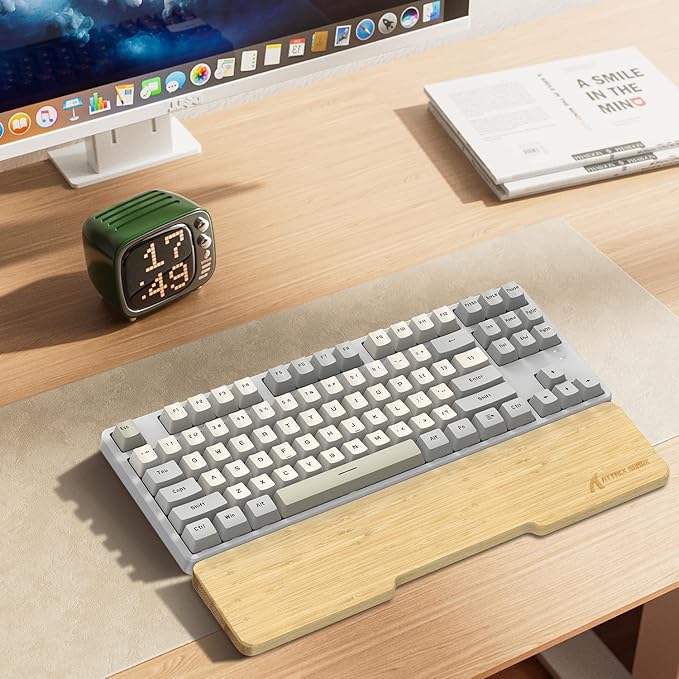 ATTACK SHARK Bamboo Wrist Rest for Computer Keyboard，Ergonomic Hard Palm Rest for Comfortable Typing Pain Relief，Anti-Slip Wrist Support for Office, Gaming, Laptop (87 Key)
