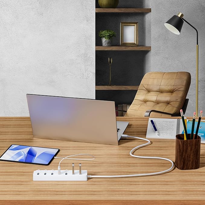 USB Hub 3.0, 7-Port USB Hub Splitter with Individual On/Off Switches and Lights, 3.2ft/1m Long Cable Compatible with MacBook, Laptop, Surface Pro, PS4, PC, Flash Drive, Mobile HDD-White